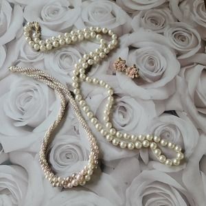 Vintage Faux Pearl Necklaces (2) and Earrings